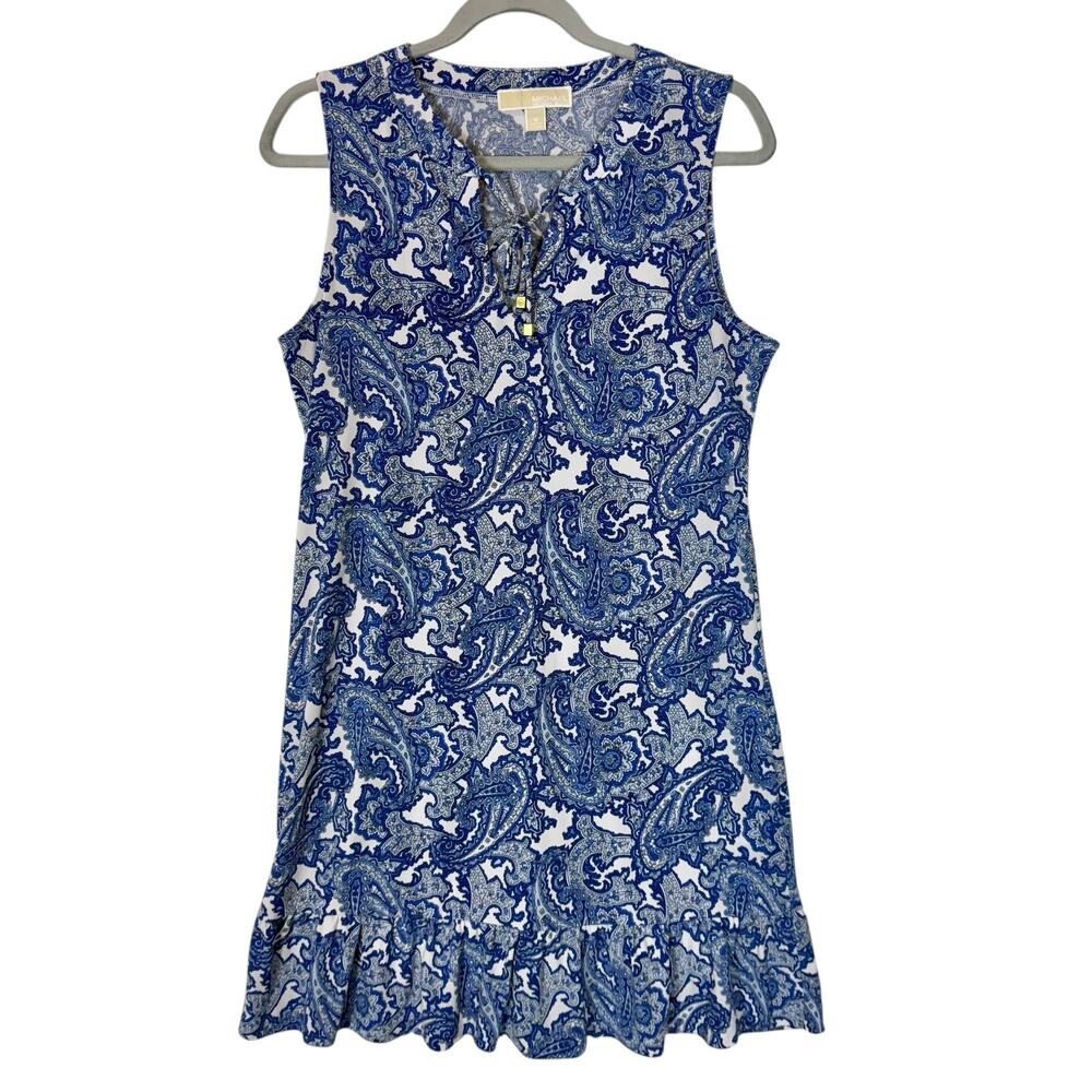 Michael Kors Dress‎ Womens Medium Blue Paisley Knee Length Ruffle Hem Tie Front